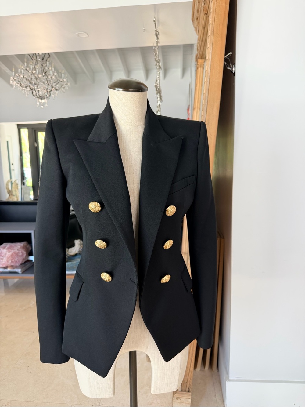 Balmain Black Double-Breasted Blazer with Gold Buttons